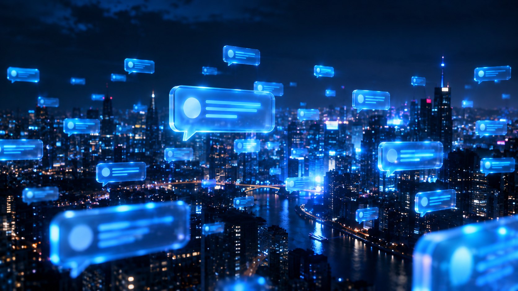 Translucent chat bubbles of blue light floating over a city at night
