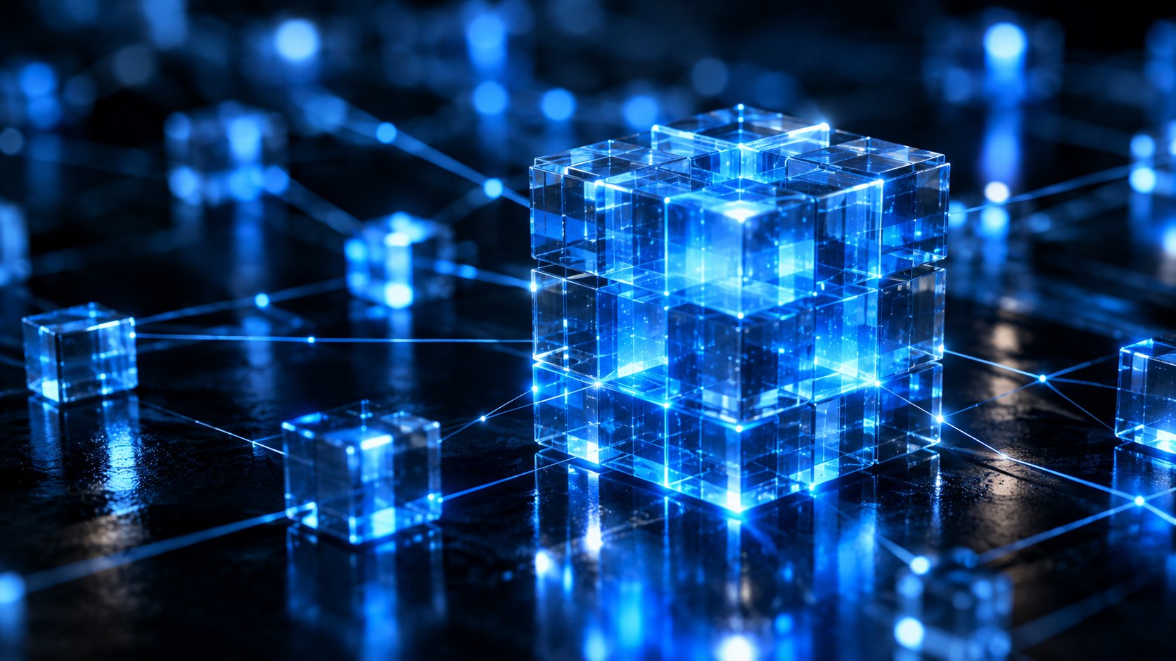 A glowing translucent data structure on a dark reflective surface