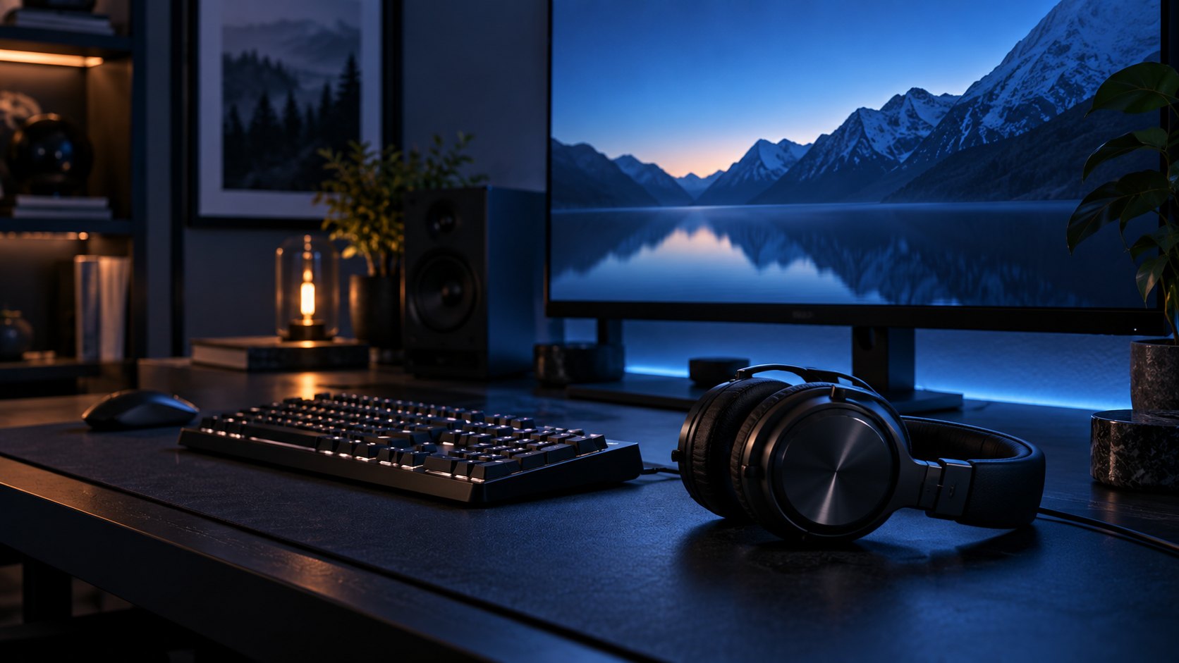 A headset beside a keyboard on a dark desk lit by monitor glow
