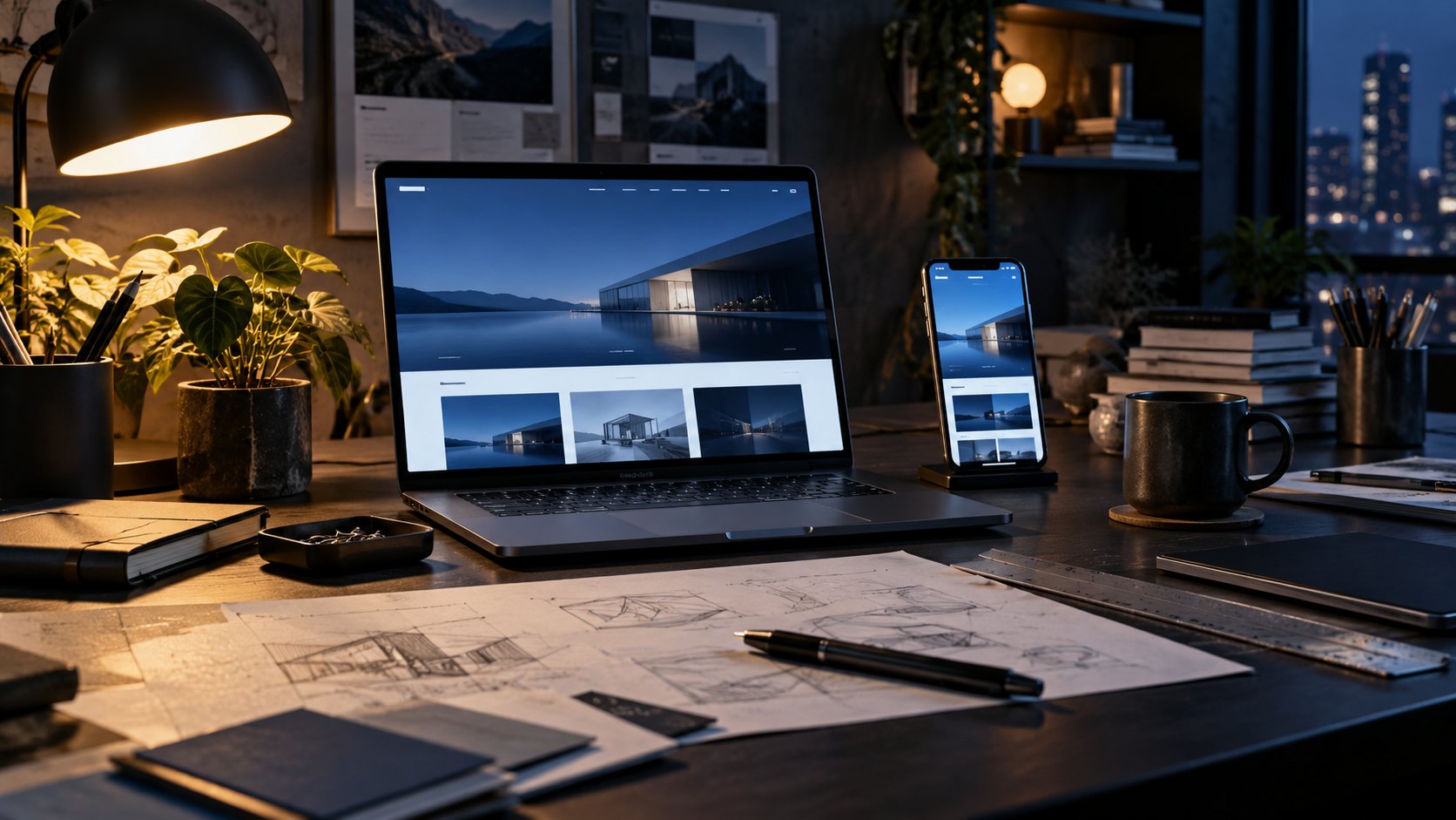 A designer's desk with a laptop and phone both showing a modern website