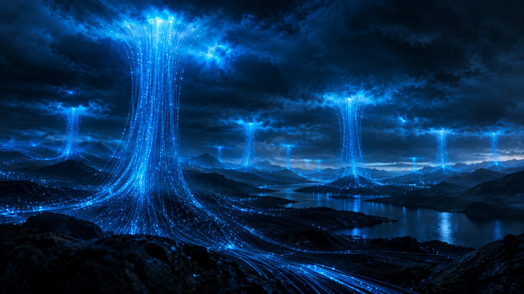 Glowing fibre-optic threads rising from a dark landscape into lit clouds
