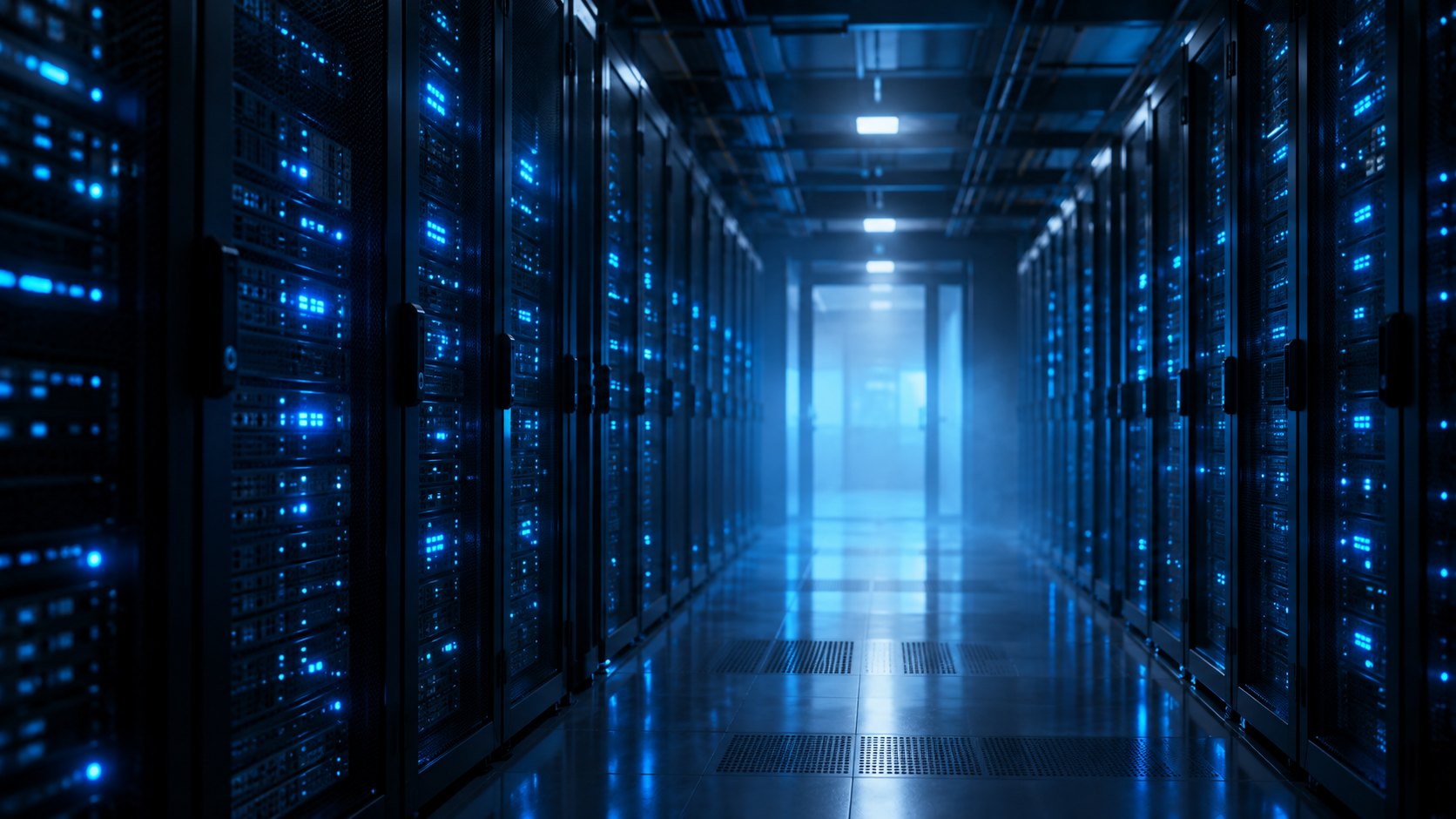 A dark server-room corridor lit by soft blue status lights