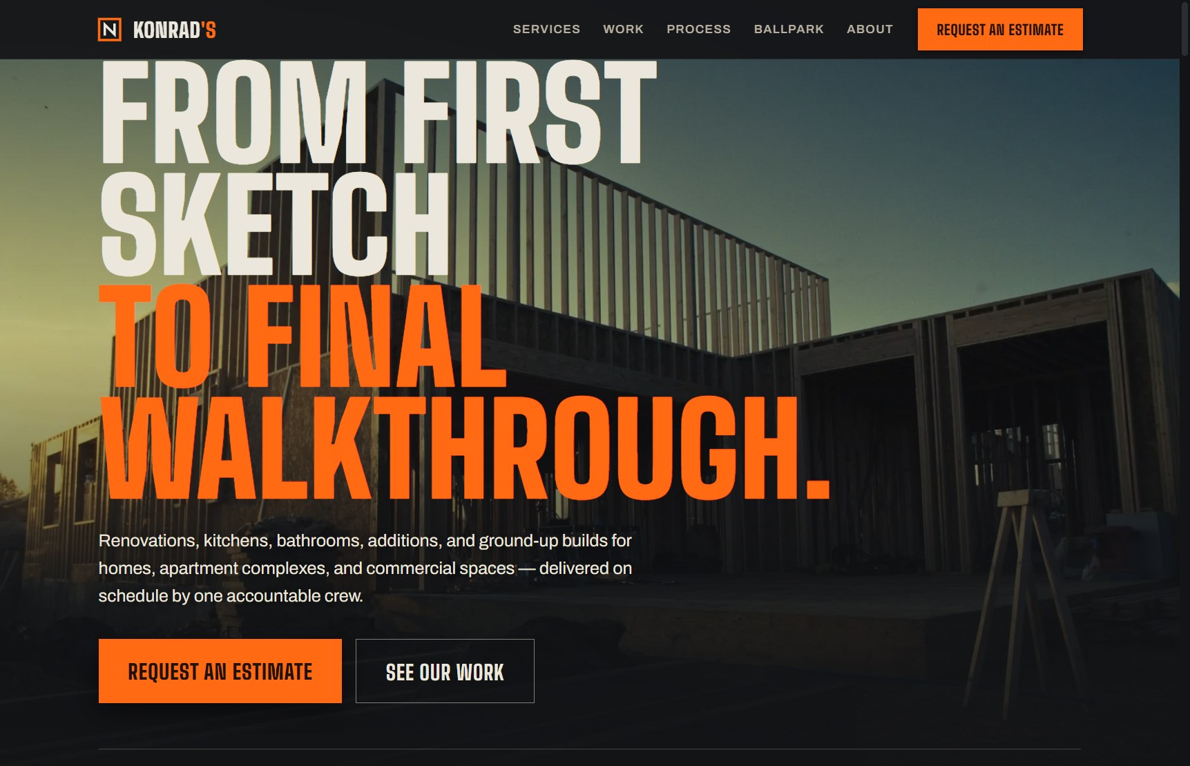 Konrad's Contracting homepage: 'From first sketch to final walkthrough' over a golden-hour framing site