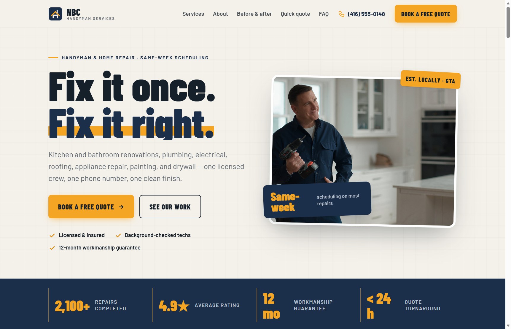 NBC Handyman Services homepage: 'Fix it once. Fix it right.' beside a technician holding a drill