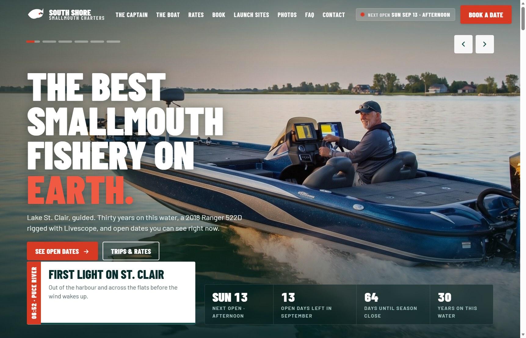 South Shore Smallmouth Charters homepage: captain at the helm of a Ranger bass boat on Lake St. Clair